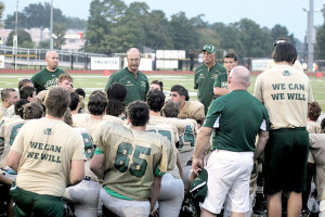 Red Bank Catholic head coach Jim Portela talks to his players during halftime of their scrimmage against St. Joseph of Hammonton. Photo: Sean Simmons