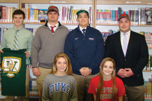 PHOTO: College sports-bound students from Rumson-Fair Haven Regional High School are: front row, from left, Schuyler DeBree and Bridget Miles and, back row, from left, Eamon Kitson, Donald Bedell, Peter Righi, and Jason Bryan.  