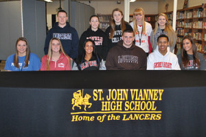 St. John Vianney High School student-athletes celebrating their signing of letters of intent are: standing, from left, Patrick Devenney, Jackie Gallagher, Megan Guilbert, Tara Connelly and Courtney Thompson; and sitting, from left, Laura Dramis, Shelagh Kerrisk, Kayla Troisi, Justin Gille, Julanee Prince and Erica Boyle. Photo Courtesy of St. John Vianney High School