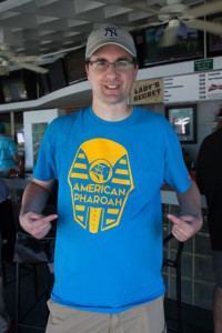 A "Pharoah Phan" shows off his commemorative T-shirt at Monmouth Park Friday. Photo: Tina Colella