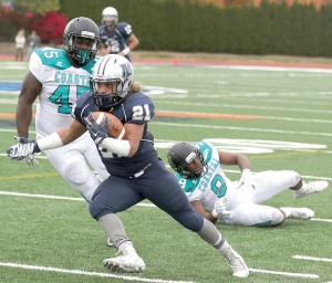 Lavon Chaney (21) of Monmouth University rushed for a career-high 196 yards and two touchdowns and also caught three passes for 32 yards, including one for a touchdown. Chaney was named the Choice Hotels Big South Player of the Week. Photo: Sean Simmons