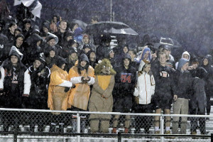 Middletown North fans show their school spirit during last Friday’s game against Manalapan. The Lions stunned the Braves, 18-8 and ended their 33-game A North Division winning streak. Photo: Sean Simmons