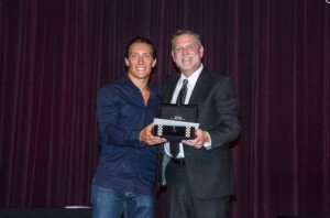 ￼Montecalvo receiving his trophy for the 2015 Pirelli World Challenge GTA Driver’s Championship. 