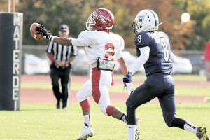 Desmond Underwood (2) of Keyport races into the end zone from 10-yards out during Saturday’s game at Mater Dei Prep. Photo: Sean Simmons