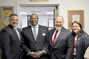Rev. Terrence Porter, Pilgrim Baptist Church, and Dr. Everett McCorvey, Director of Opera, University of Kentucky, joined Rabbi Marc Kline and Cantor Gabrielle Clissold at a service honoring Martin Luther King Jr. at Monmouth Reform Temple, Tinton Falls, on Jan. 15. Photo courtesy Monmouth Reform Temple