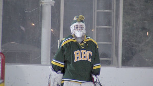 RBC goalie Matt Benjamin sported a winter hat on top of his mask during the RFH Winter Classic. Photo; Rich Chrampanis