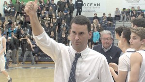 CBA coach Geoff Billet gives a thumbs up to the Colt Crazies following the Colts semifinal win in the Shore Conference Tournament. Photo: Rich Chrampanis
