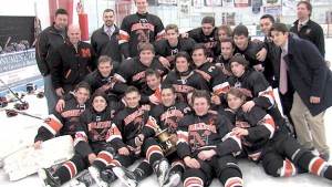 The Middletown North hockey team celebrates a win over Middletown South in the Mayor’s Cup. The Lions seek the Handchen Cup when they take on Rumson-Fair Haven on Thursday night in Wall.