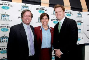 Dennis Drazin, advisor to the New Jersey Thoroughbred Horsemens Association and Darby Development, the operator of Monmouth Park, (L) with State Senator Jennifer Beck (C) and Kip Levin, CEO of Betfair US discuss the introduction of Exchange Wagering in the Garden State, at the Monmouth Park Opening Day 2016 Press Conference and Luncheon at Monmouth Park Racetrack in Oceanport, New Jersey on Tuesday May 10, 2016. Photo By Bill Denver/EQUI-PHOTO.