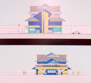 Drawings show plans for the library and the beach facility.