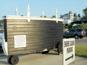 This replica of SImon Lake's Argonaut Junior sits in the Atlantic Highlands Harbor parking lot. It was given to the town by the Atlantic Highlands Lion Club in 1994.