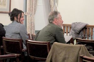 Entertainer Jon Stewart and his wife, Tracey, at Colts Neck Planning Board hearing on their proposed farm sanctuary-education center at Hockhockson Farm on Route 537. The board began hearing the site plan application, but adjourned the meeting to December.