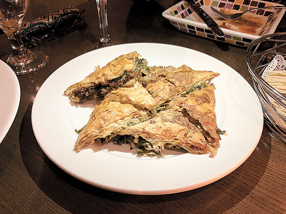 Goulash, a  aky phyllo dough “pocket” containing a tasty mix of cheese, spinach and lightly sautéed leeks, was real comfort food.  