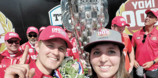 Nicole Rotondo, right, a Middletown native and trackside engineer for Honda, celebrated Marcus Ericsson’s Indy 500 victory Sunday, May 29.