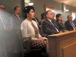 Middletown resident Susan Kyrillos plays the role of a jury forewoman in the film “Miran- da’s Victim,” a Navesink River Productions being filmed in the Two River area.