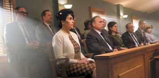 Middletown resident Susan Kyrillos plays the role of a jury forewoman in the film “Miran- da’s Victim,” a Navesink River Productions being filmed in the Two River area.