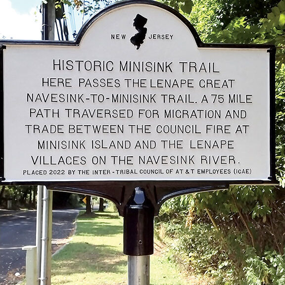 One of the trail markers placed by the Inter-tribal Council of AT&T Employees on a section of the Lenape Great Navesink to Minisink Trail, a 75-mile path for migration and trade from Sandy Hook to the Delaware Water Gap. Courtesy Marc Gottwerth