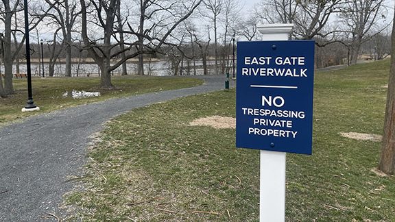 Officials want to know how “No Trespassing” signs came to be installed near Fort Monmouth’s East Gate Development along what is planned as a public walkway throughout the former fort. Elizabeth Wulfhorst