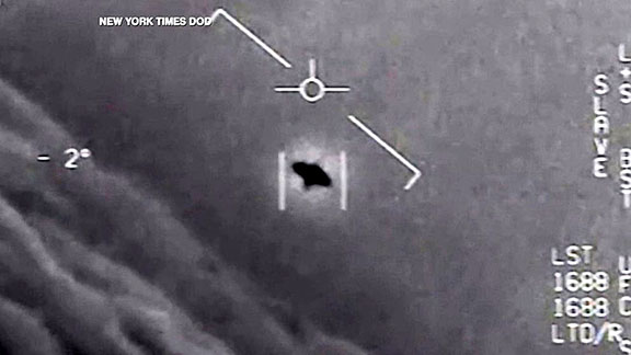 A photos from an F-15 Tom Cat fighter off the Carrier Nimitz of a UFO in flight. Courtesy Giorgio Tsoukalos