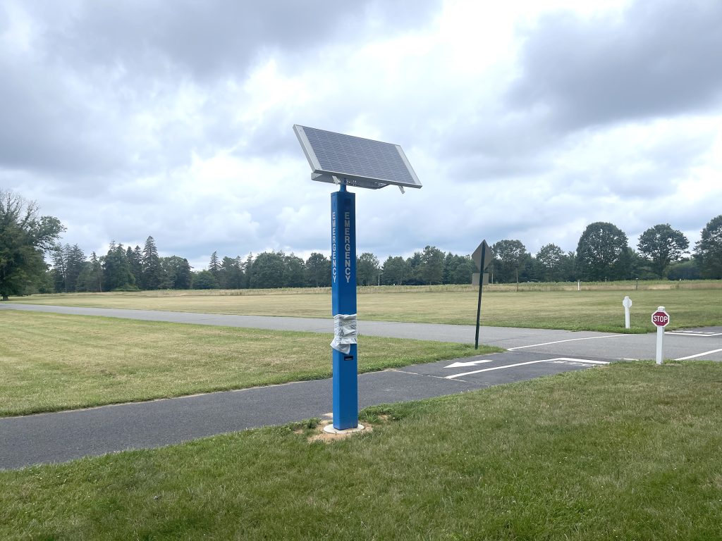 Emergency phones and security cameras, like this one in Lincroft’s Thompson Park, will be online by early September in four popular county parks. Elizabeth Wulfhorst