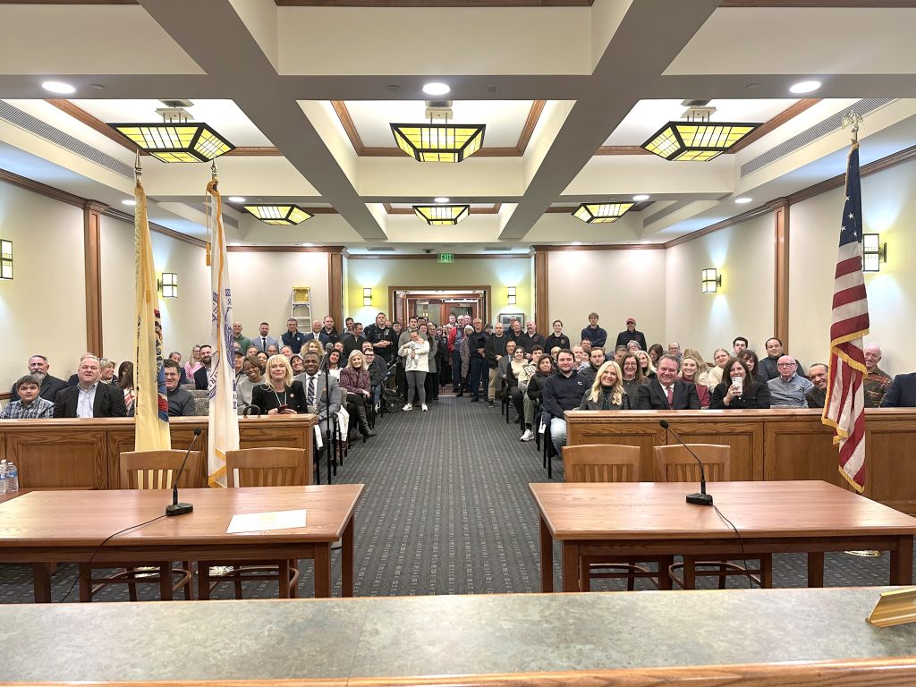 Despite heavy rain, potential flooding and strong winds, Shrewsbury Borough Hall was packed for a Jan. 9 meeting that saw former Assembly member Kim Eulner sworn in as mayor. Courtesy Kim Eulner
