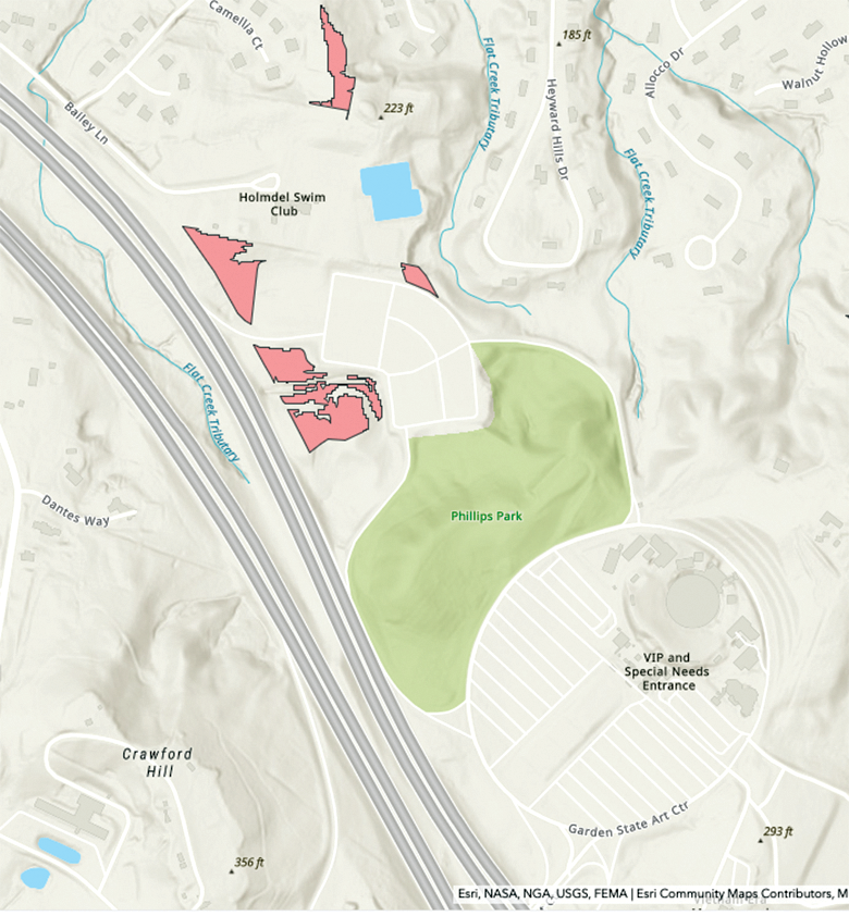 The state’s new geographical mapping data has highlighted areas in Holmdel as potential sites for affordable housing, including the PNC Bank Arts Center commuter lot and the Holmdel municipal swim club. Courtesy Holmdel Township