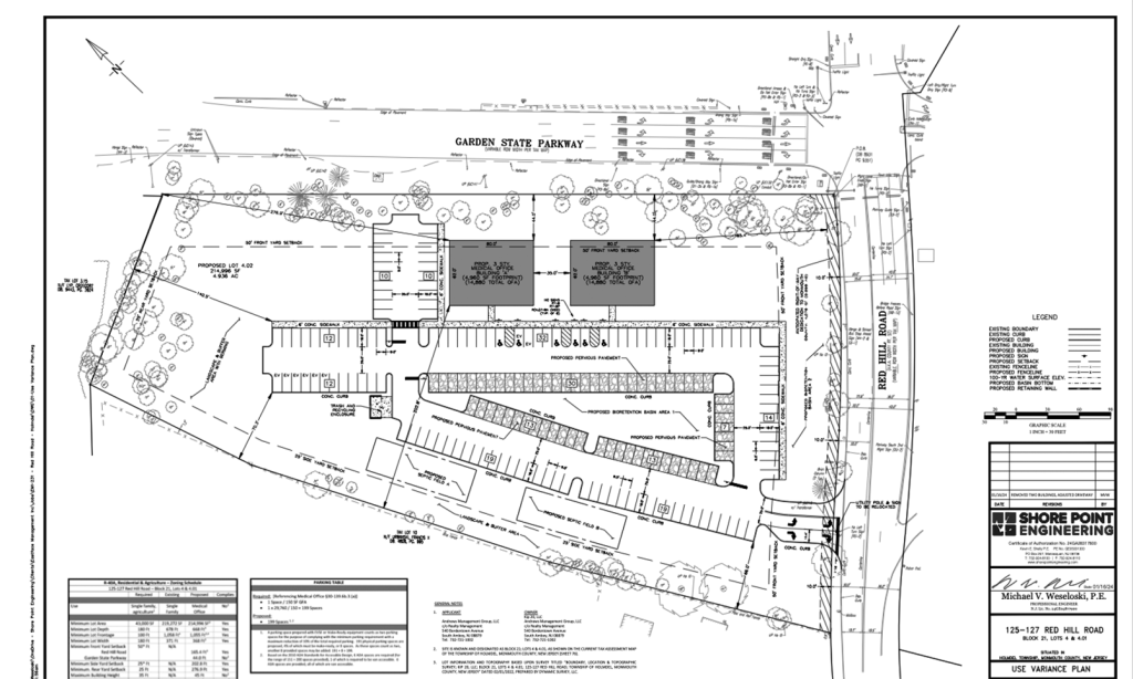 Preliminary concept plans show scaled-down versions of two medical buildings in Holmdel near Middletown’s Memorial Sloan Kettering Cancer Center. Two septic tanks are shown as rectangular areas near the Garden State Parkway right-of-way. Holmdel Township