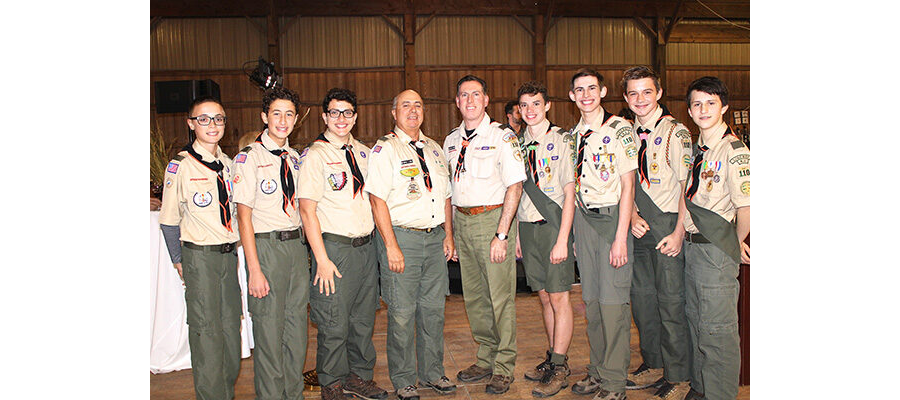 12/05/19, MONMOUTH COUNCIL, BOY SCOUTS OF AMERICA’S GALA UNDER THE STARS, Stillwell Stables, Colts Neck, NJ, Troop 110 with leaders Joe Prefer and Michael Carlo